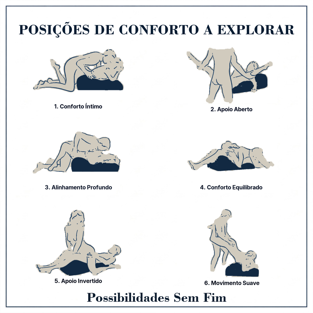 Seis posições de conforto para usar a almofada, ilustradas passo a passo