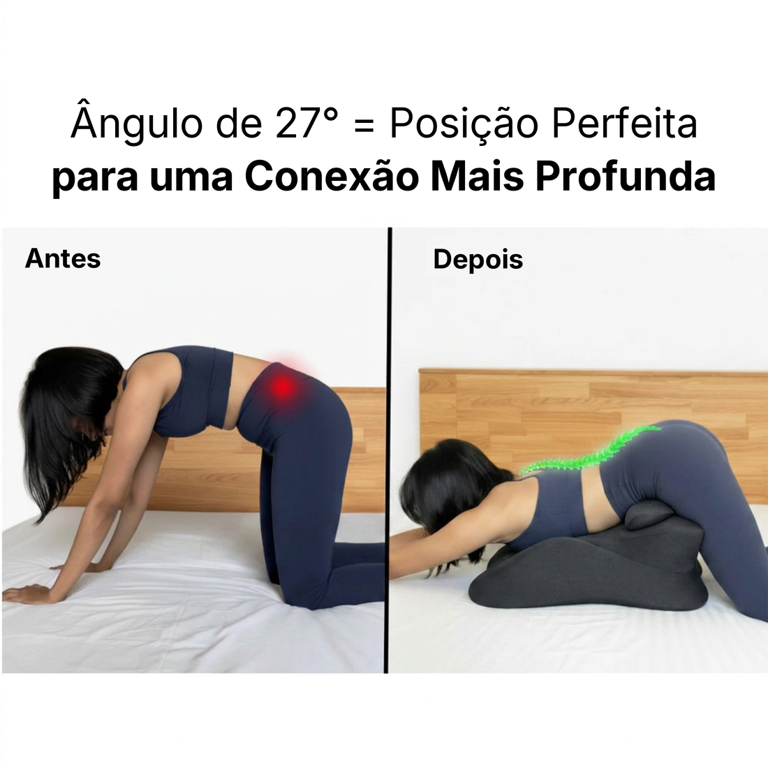 Comparação antes e depois: o ângulo de 27° da almofada corrige a posição da coluna