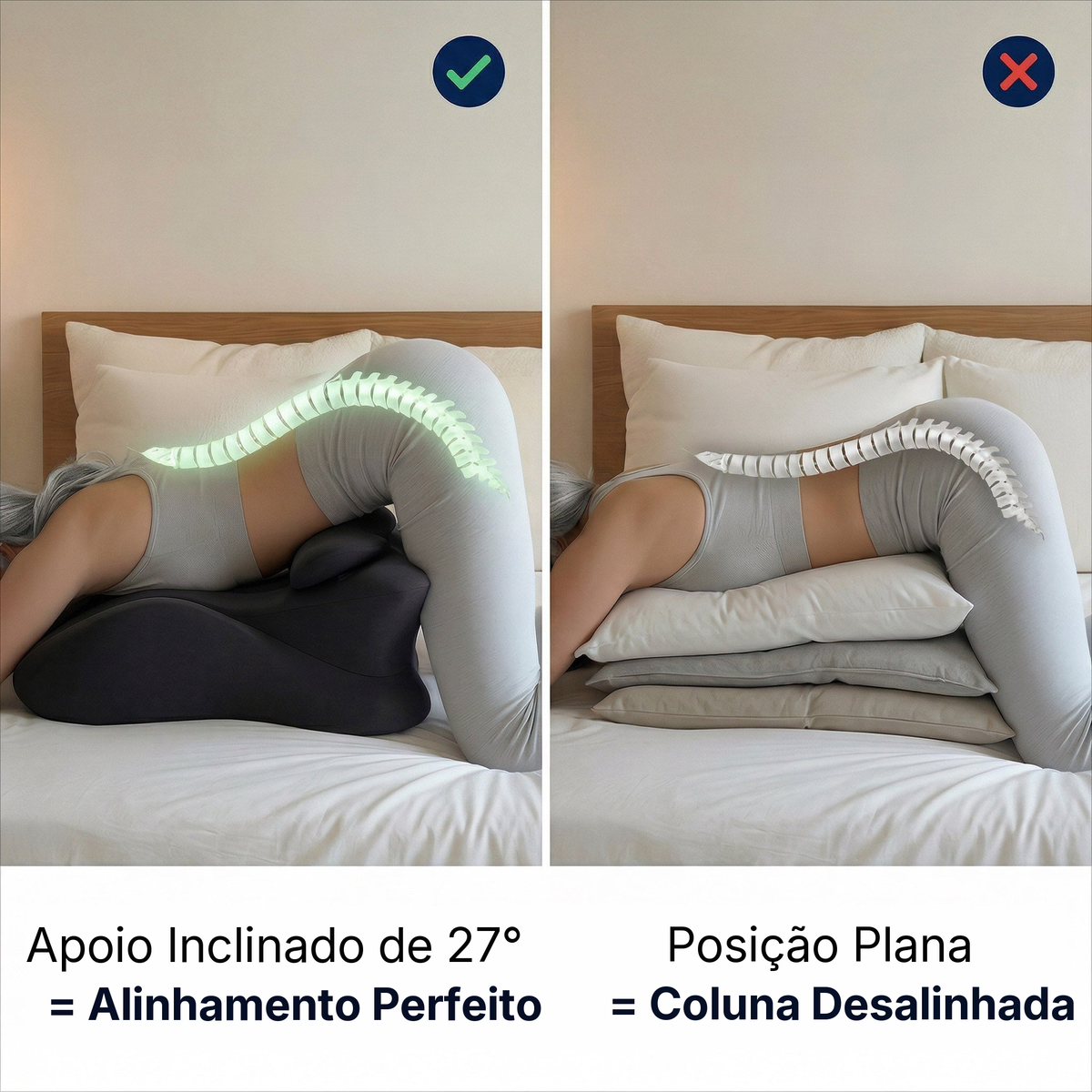Comparação da coluna com apoio inclinado de 27°, alinhada, contra a posição plana sobre travesseiros, desalinhada