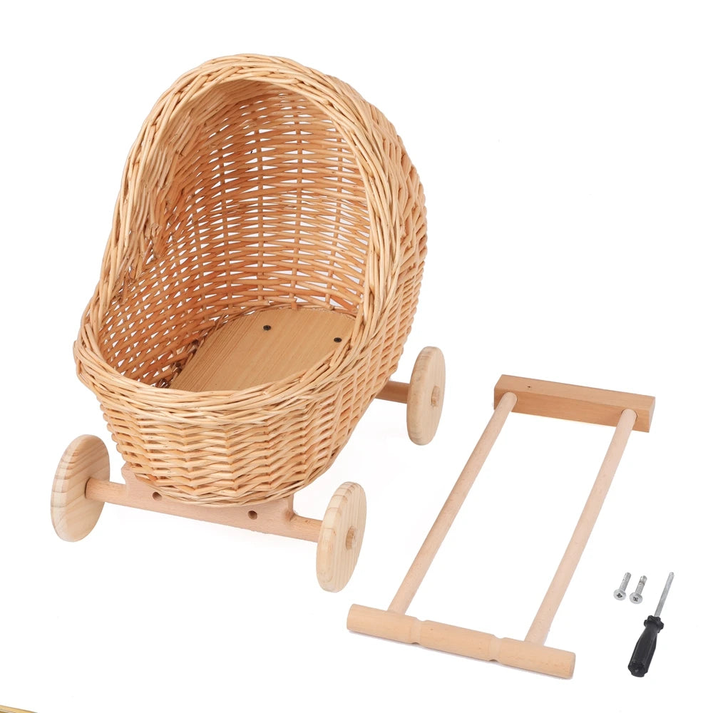 Carrinho de vime para fotografia de recém-nascidos, com chassi de madeira, boneca, cesta de presente para bebês, decoração de chá de bebê, acessórios fotográficos