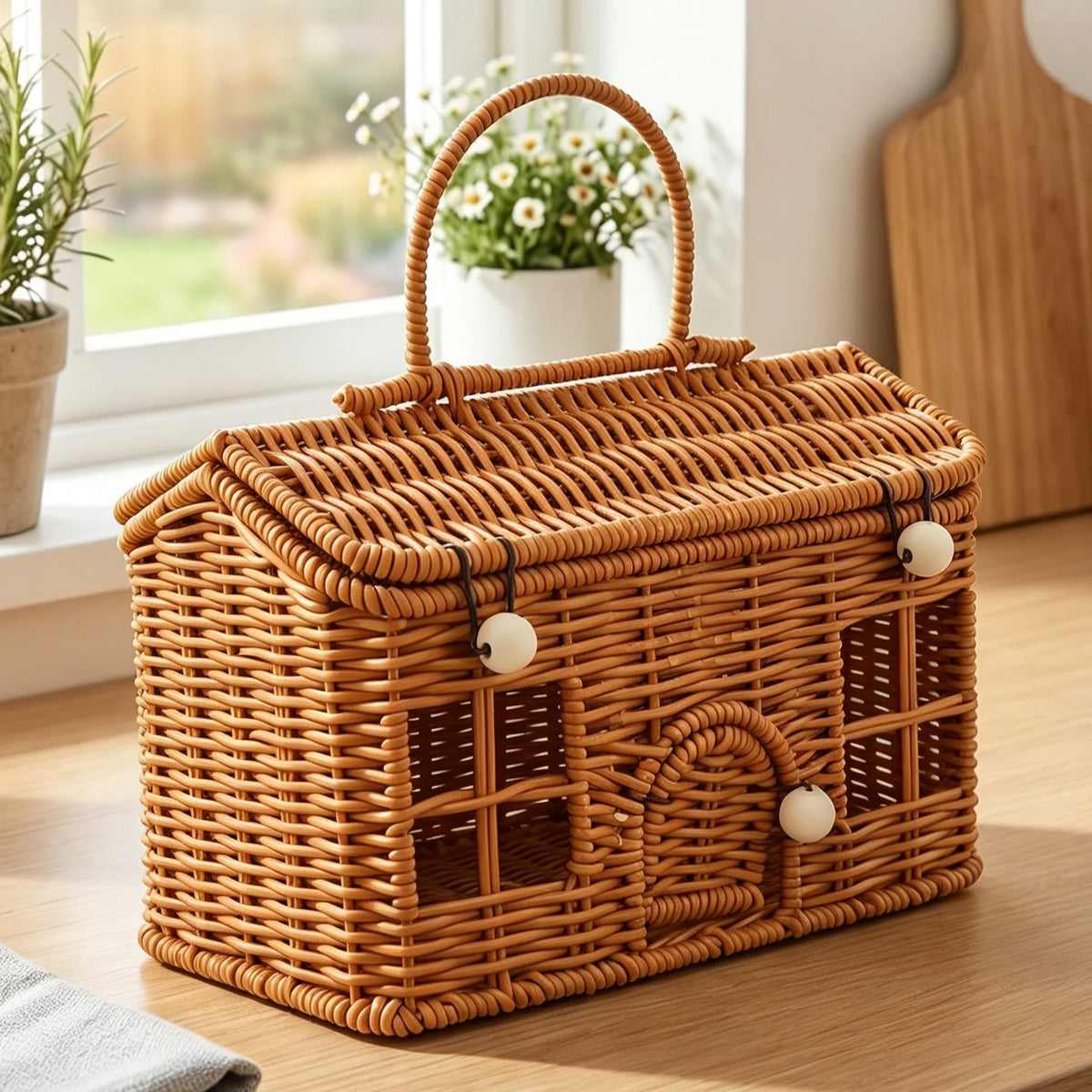 Cesta Artesanal de Vime Sintético em Formato de Casa com Tampa e Alça, Cesto de Colheita Vintage Portátil, Organizador Decorativo para Casa