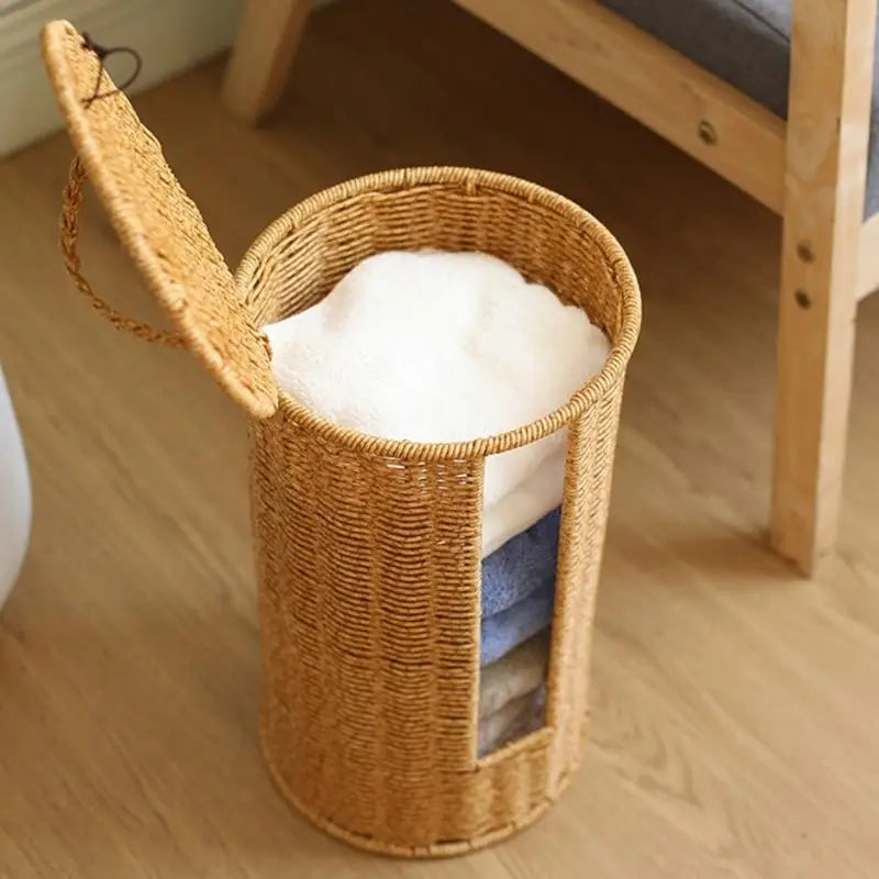 Cesta banheiro multiuso com capa à prova poeira, suporte armazenamento cilíndrico para tecidos, toalhas, acessório
