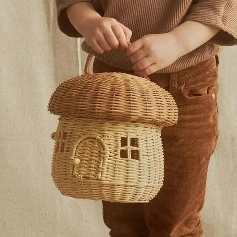 Cesta de cogumelo artesanal, cesta de vime, cesta de armazenamento de palha, cesta de piquenique de férias, brinquedo infantil, cesta de armazenamento de artigos diversos