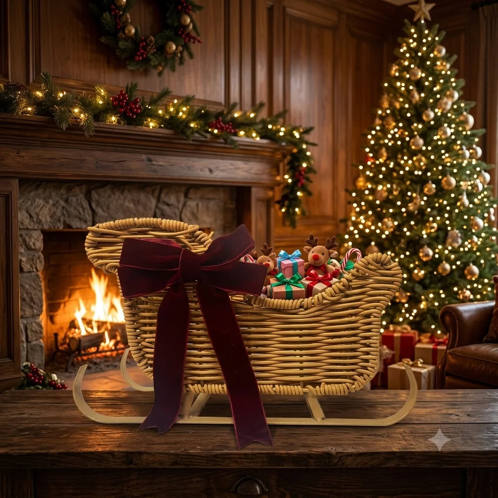 Cesta de Doces de Natal Multifuncional em Rattan Trançado para Mesa, Caixa de Presente, Decoração de Lareira e Decoração de Inverno para Casa