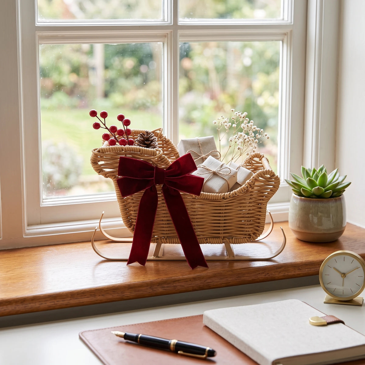 Cesta de Doces de Natal Multifuncional em Rattan Trançado para Mesa, Caixa de Presente, Decoração de Lareira e Decoração de Inverno para Casa