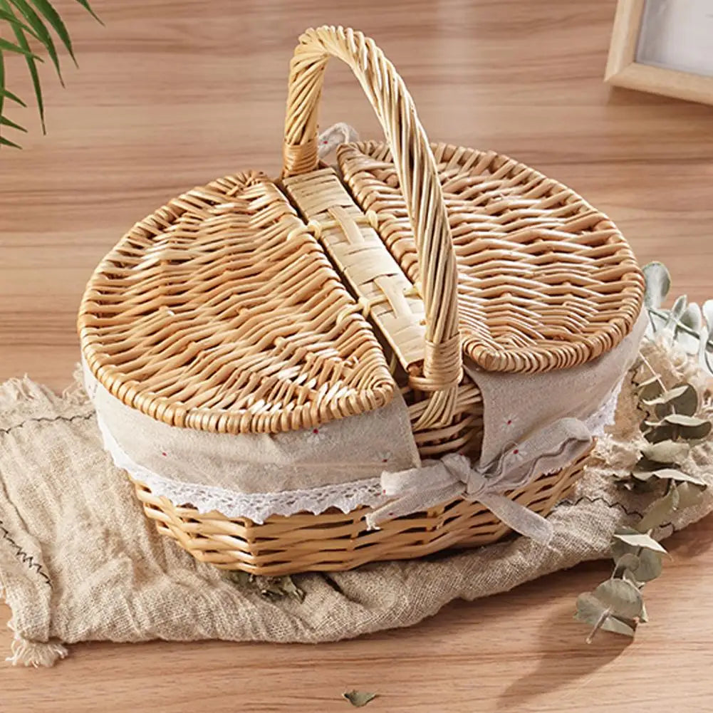 Cesta de piquenique de vime artesanal com alça cesto de piquenique multi-purpose salgueiro tecido caixa de armazenamento acampamento ao ar livre cesta de frutas