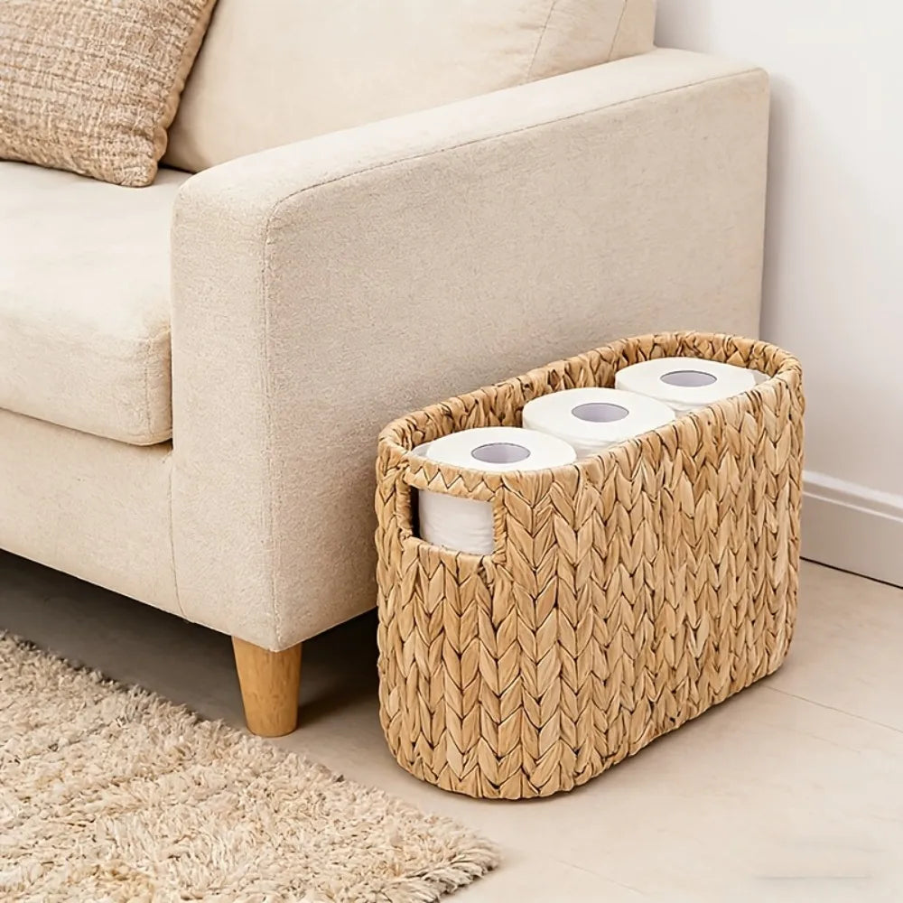 Cesto de Armazenamento de Papel Higiênico em Jacinto-d'água, Feito à Mão, Grande Capacidade, Cesto de Armazenamento para Banheiro com Alças Embutidas