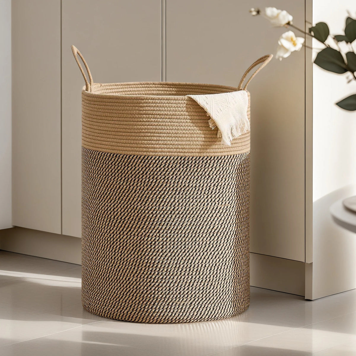 Cesto de Armazenamento Grande e Alto, Decorativo, Dobrável, de Corda de Algodão com Alças para Roupas, Brinquedos Infantis e Sala de Estar
