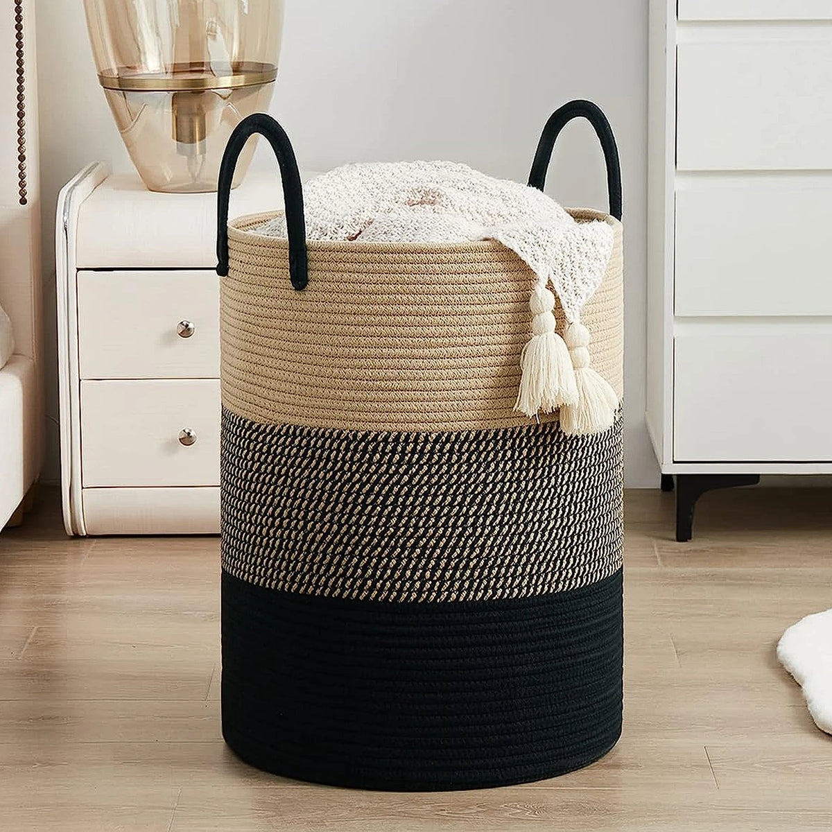 Cesto de Armazenamento Grande e Alto, Decorativo, Dobrável, de Corda de Algodão com Alças, para Roupas, Brinquedos Infantis e Sala de Estar