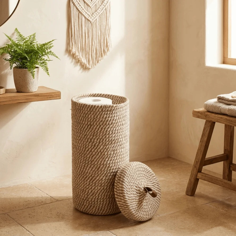 Cesto de Armazenamento para Rolos de Papel Higiênico Estilo Boêmio com Tampa, Cesto de Armazenamento Cilíndrico Autoportante e à Prova de Poeira