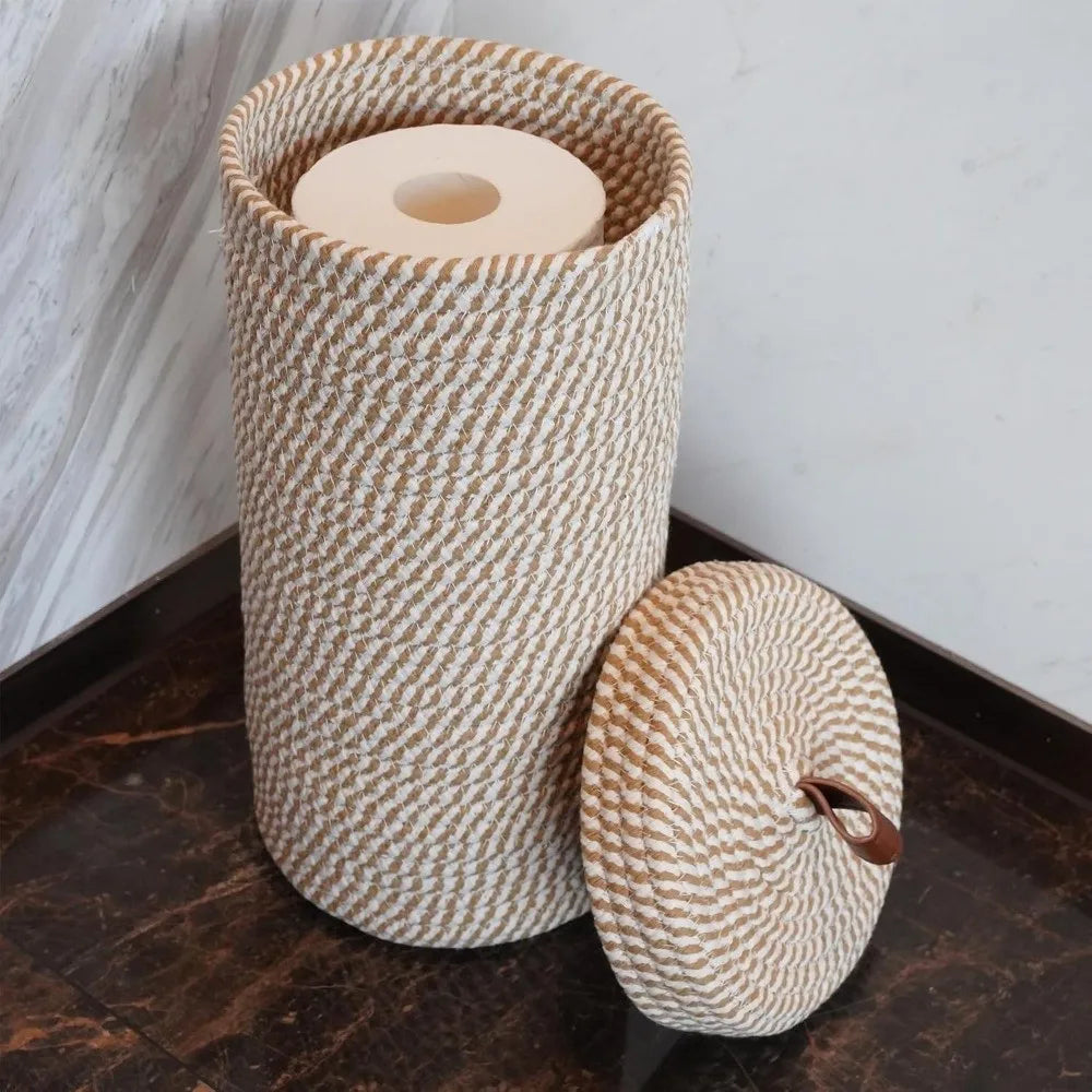 Cesto de Armazenamento para Rolos de Papel Higiênico Estilo Boêmio com Tampa, Cesto de Armazenamento Cilíndrico Autoportante e à Prova de Poeira