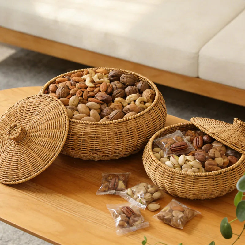 Cesto de Armazenamento Redondo de Vime Sintético Artesanal com Tampa, Caixa de Pão e Organizador de Frutas para Cozinha, Mesa de Jantar, Despensa e Decoração de Casa