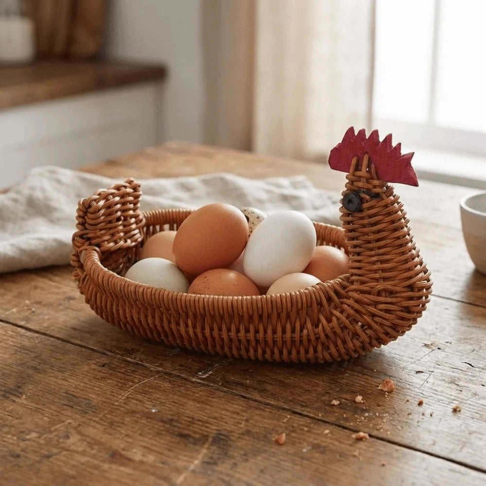 Cesto de Armazenamento Trançado com Aparência Natural, Cesto Rústico Multiuso em Formato de Galinha, Cesto Divertido de Plástico para Frutas, para Bancada de Cozinha