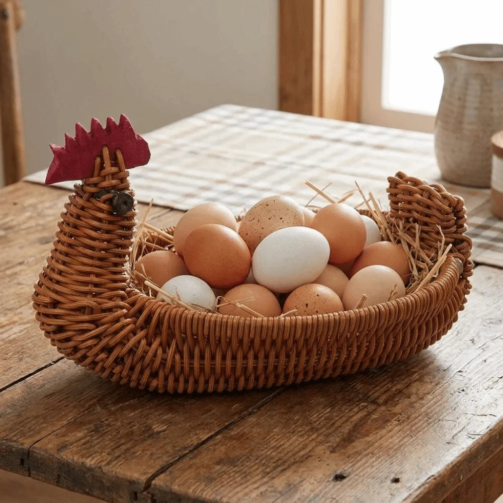 Cesto de Armazenamento Trançado com Aparência Natural, Cesto Rústico Multiuso em Formato de Galinha, Cesto Divertido de Plástico para Frutas, para Bancada de Cozinha
