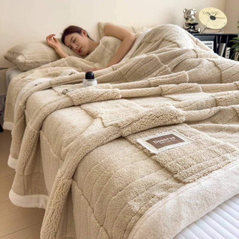 Cobertor sherpa grosso quadriculado sobre a cama, cor cáqui