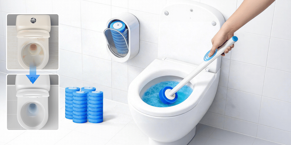 Suporte de parede ao lado do vaso e refil sendo usado embaixo da borda