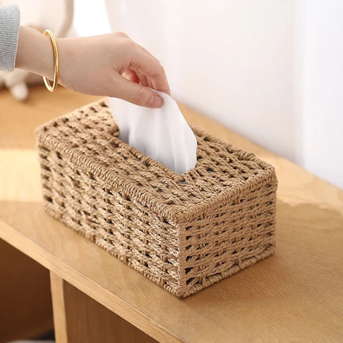 Nova caixa de tecido tecido imitação rattan tecido grama caixa armazenamento luxo suporte papel casa sala estar mesa decoração