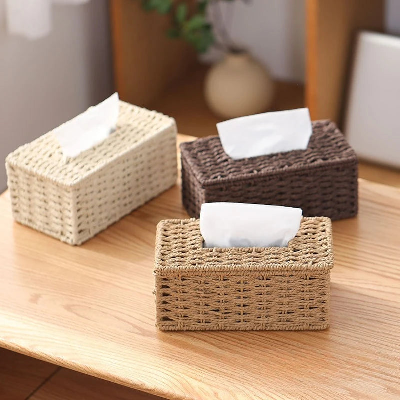 Nova caixa de tecido tecido imitação rattan tecido grama caixa armazenamento luxo suporte papel casa sala estar mesa decoração