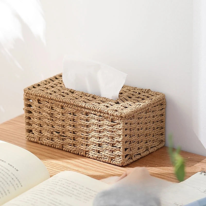 Nova caixa de tecido tecido imitação rattan tecido grama caixa armazenamento luxo suporte papel casa sala estar mesa decoração