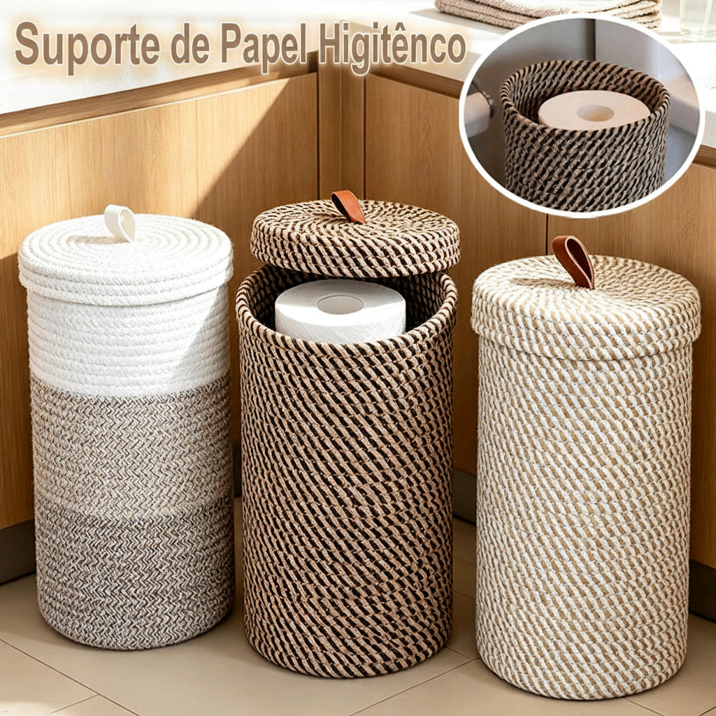 Suporte de Papel Higiênico Trançado e Cesto de Armazenamento com Tampa Multifuncional para Banheiro, Ideal para Economizar Espaço em Casa