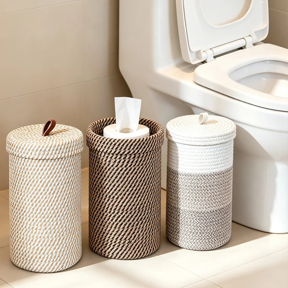 Suporte de Papel Higiênico Trançado e Cesto de Armazenamento com Tampa Multifuncional para Banheiro, Ideal para Economizar Espaço em Casa