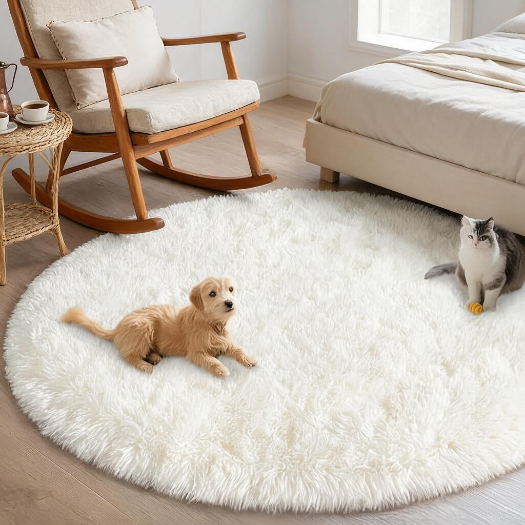 Tapete Redondo Pelúcia Off-White — quarto