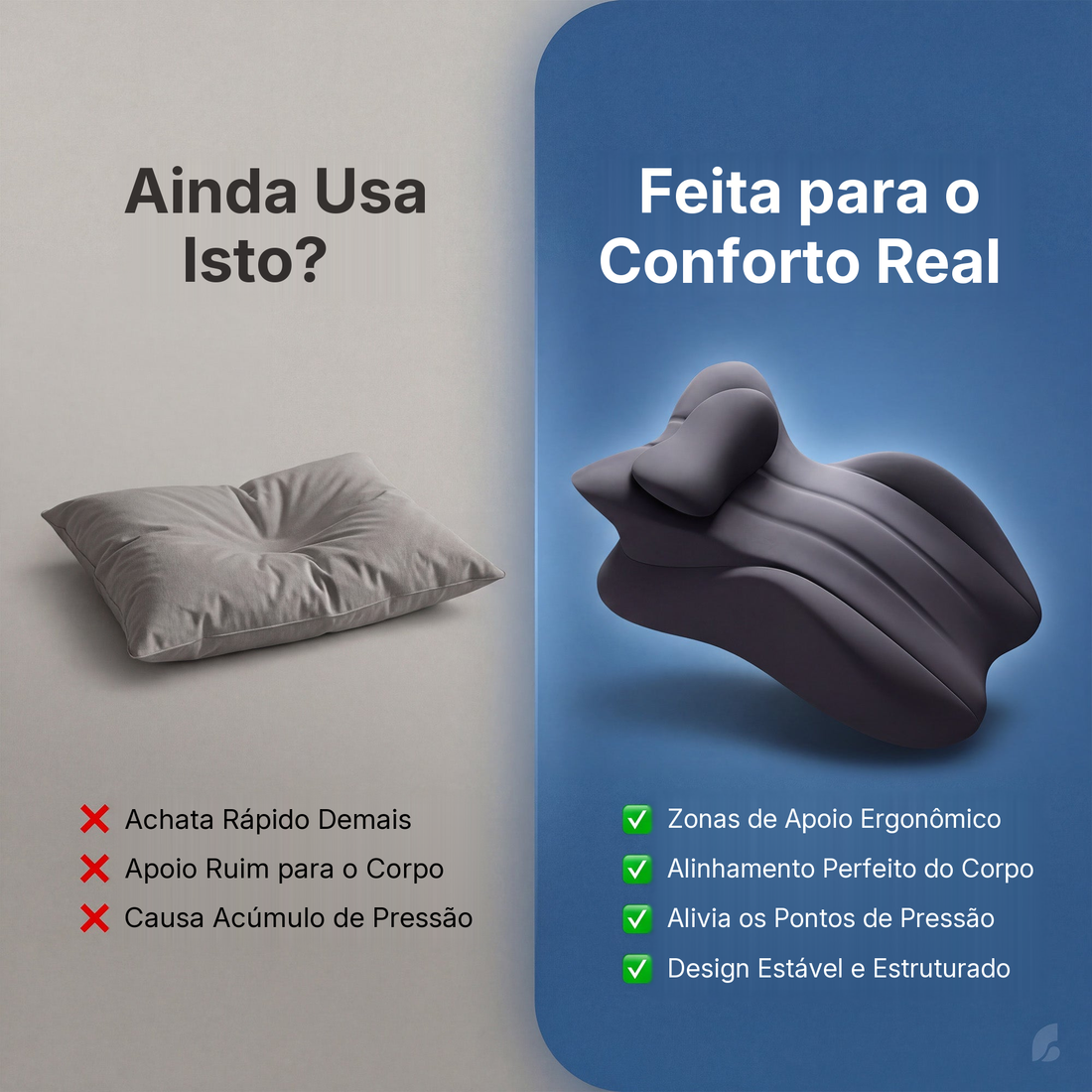 Comparativo entre um travesseiro comum, que achata e acumula pressão, e a almofada com zonas de apoio ergonômico