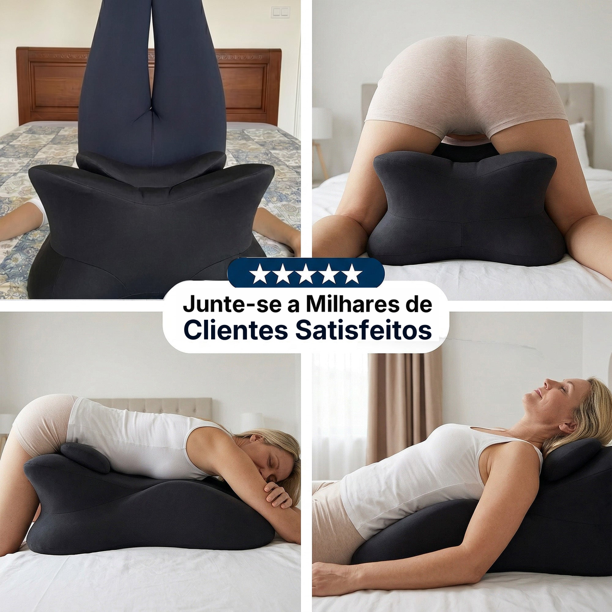 Quatro fotos de uso da almofada em posições diferentes, com avaliação cinco estrelas