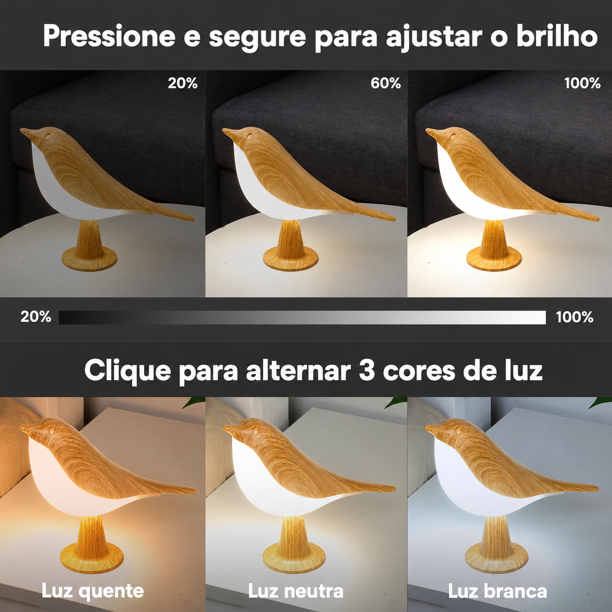 Luminária Pássaro Sensor Toque USB
