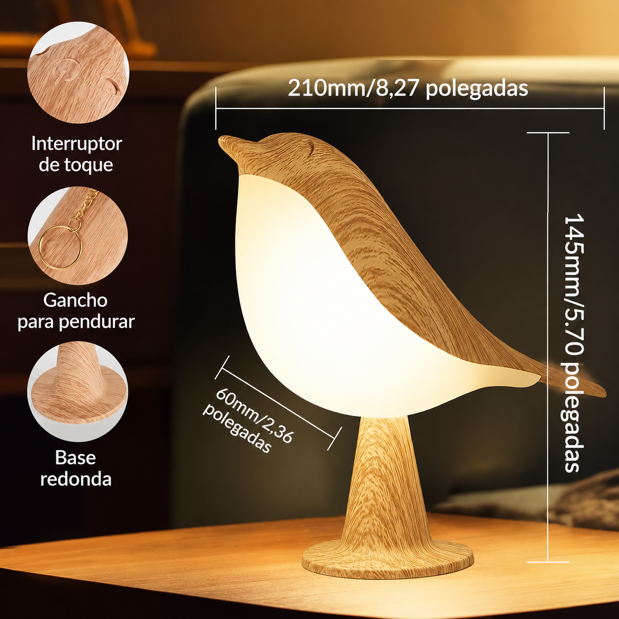 Luminária Pássaro Sensor Toque USB