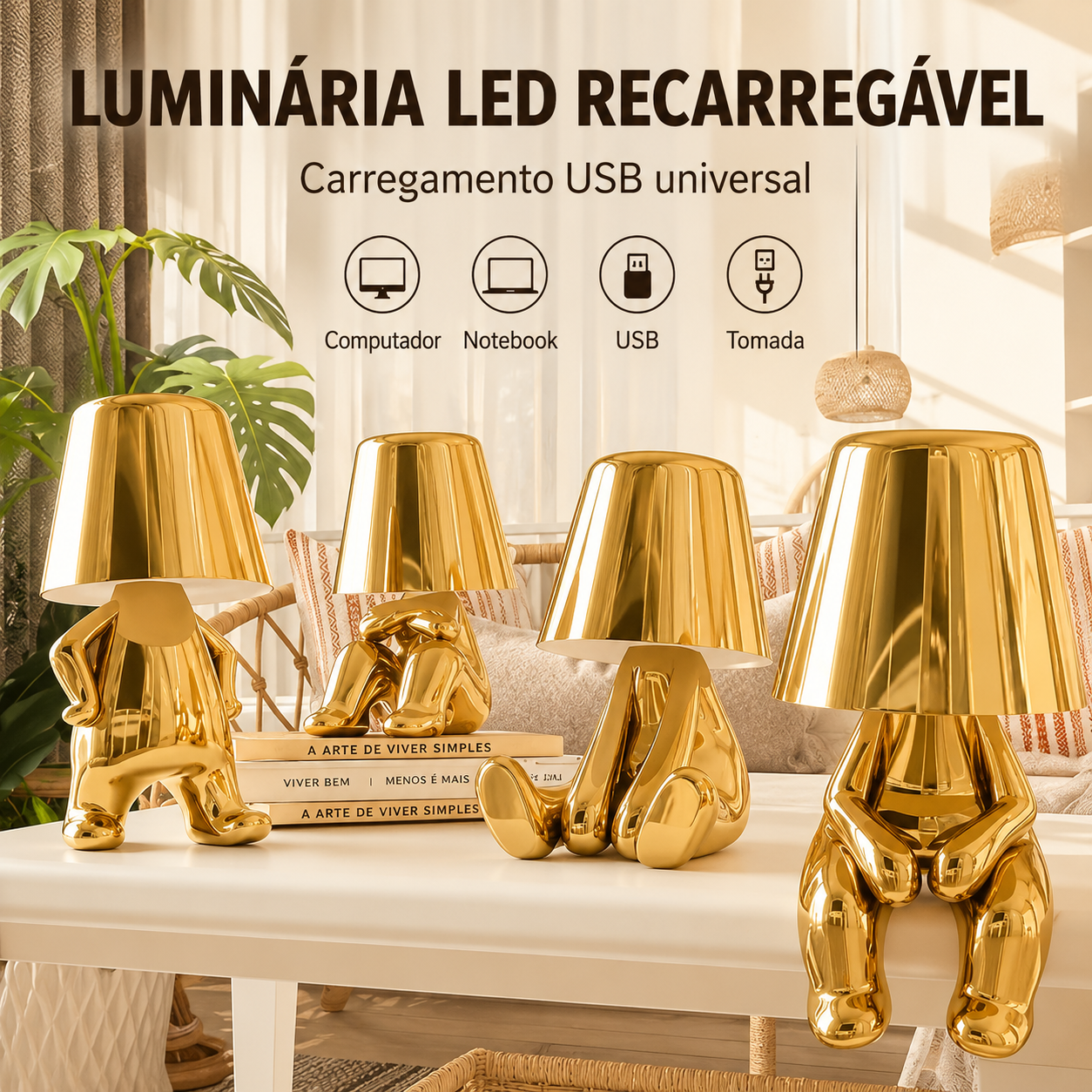 Luminária Pensador Dourado USB LED