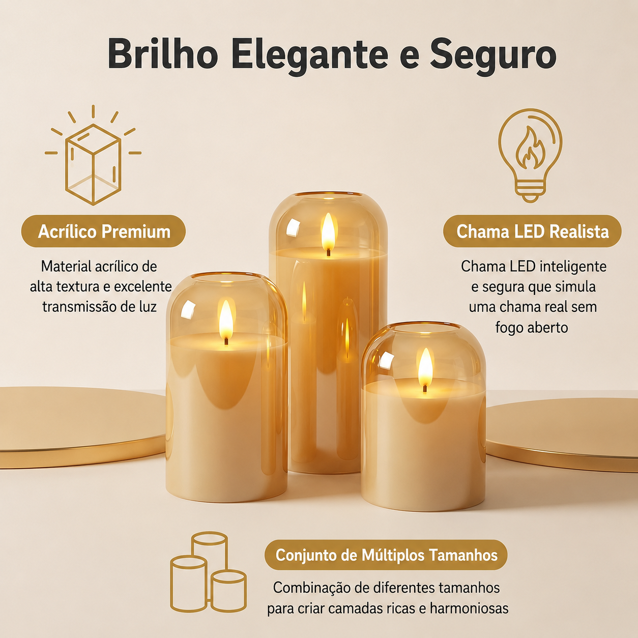Kit 3 Velas LED Douradas Decorativas