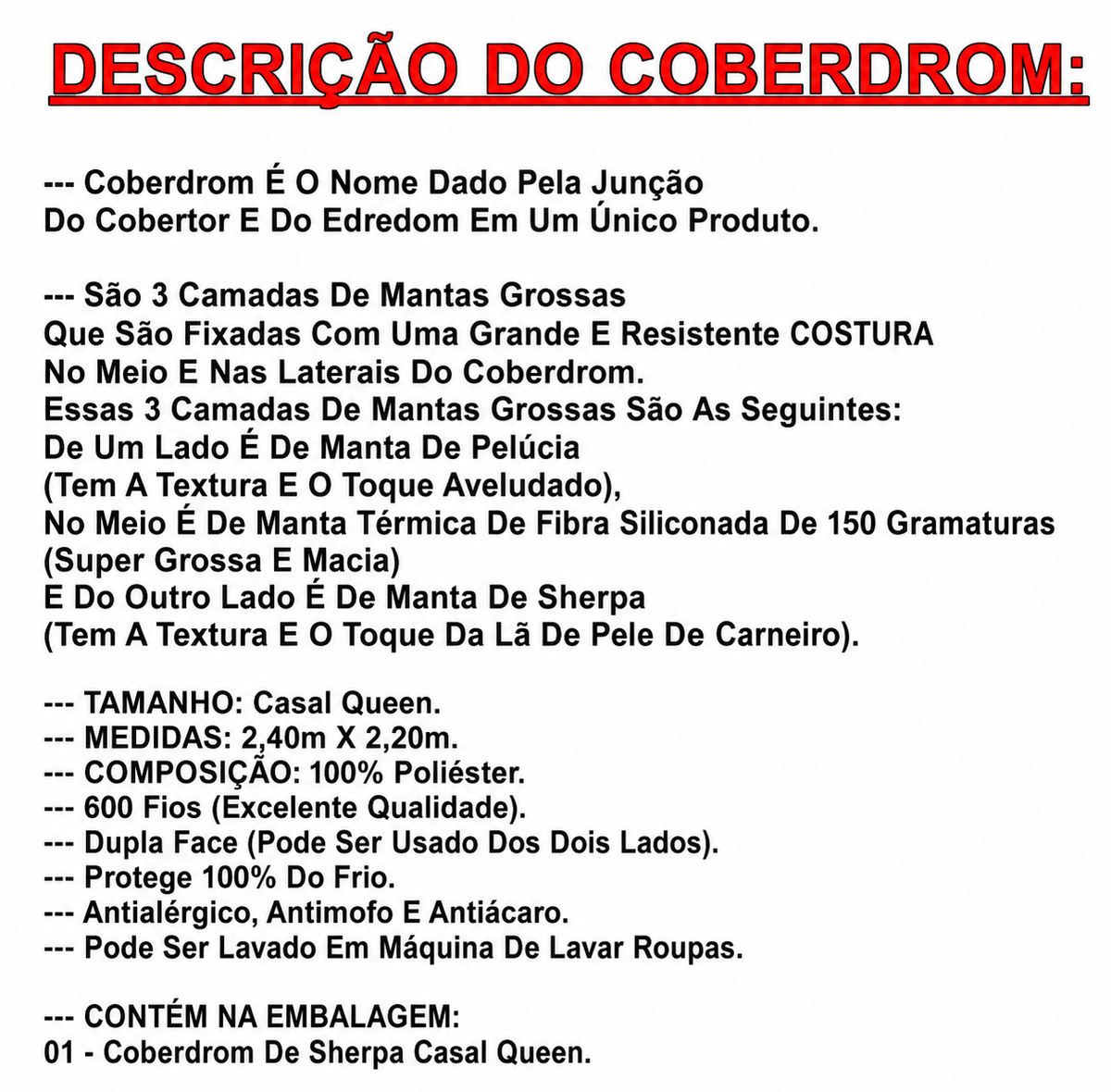 Coberdrom Dupla Face 3 Camadas, Queen 220x240 cm