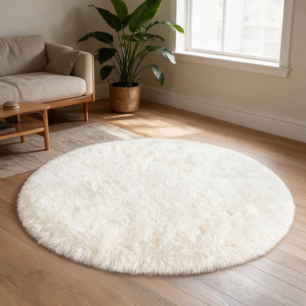 Tapete Redondo Pelúcia Off-White — sala de estar
