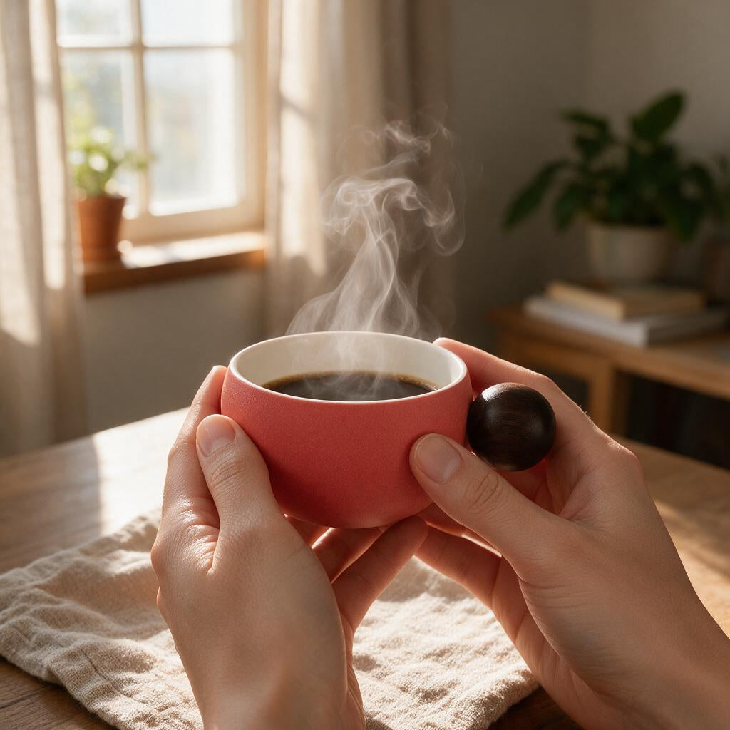 Copo Café Japonês Alça Madeira — nas mãos