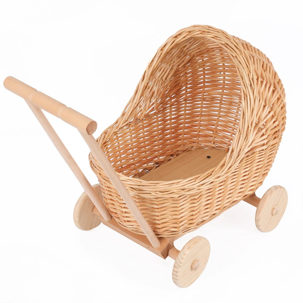Carrinho de vime para fotografia de recém-nascidos, com chassi de madeira, boneca, cesta de presente para bebês, decoração de chá de bebê, acessórios fotográficos