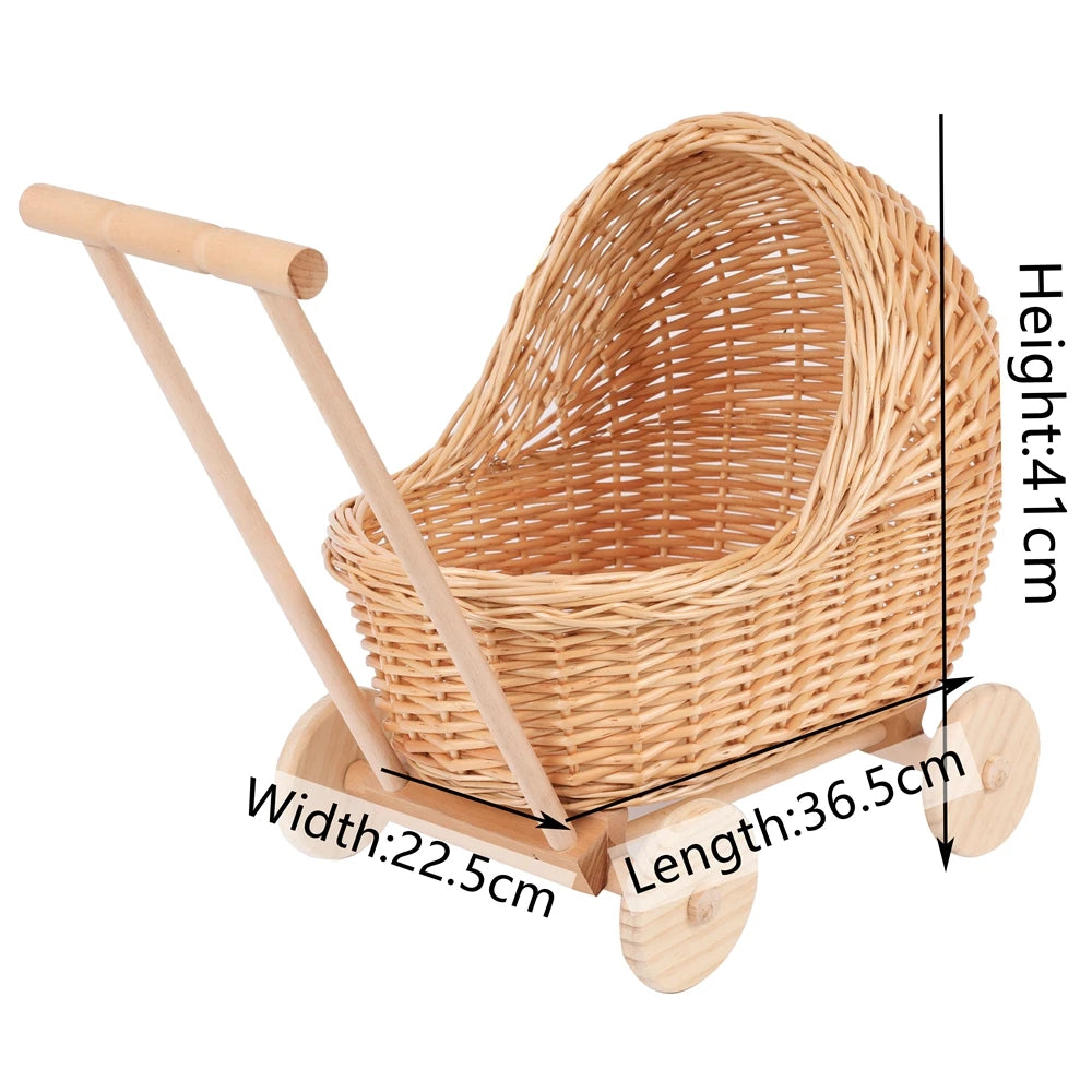 Carrinho de vime para fotografia de recém-nascidos, com chassi de madeira, boneca, cesta de presente para bebês, decoração de chá de bebê, acessórios fotográficos