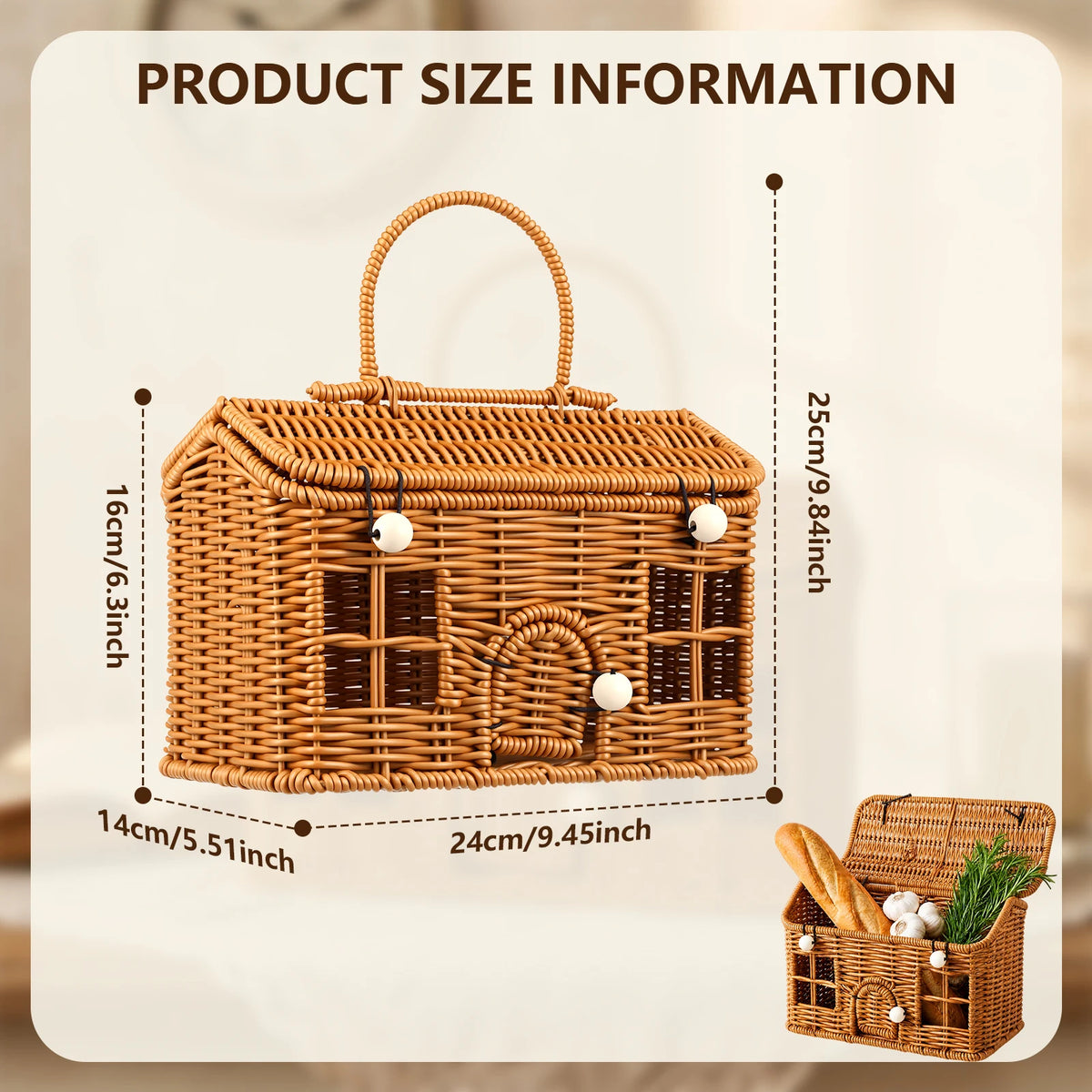 Cesta Artesanal de Vime Sintético em Formato de Casa com Tampa e Alça, Cesto de Colheita Vintage Portátil, Organizador Decorativo para Casa