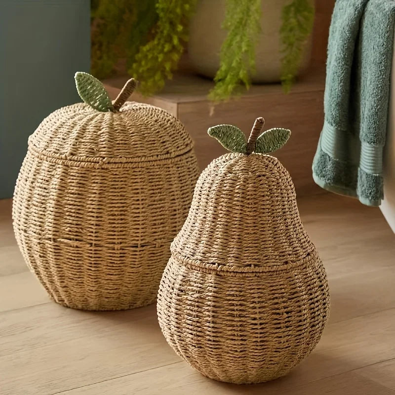 Cesta de armazenamento em forma de maçã e pêra, organizador de mesa de corda de papel tecido boho para decoração de casa, lixeira decorativa estilo frutas