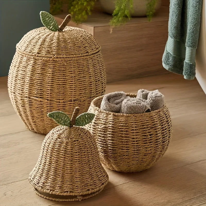 Cesta de armazenamento em forma de maçã e pêra, organizador de mesa de corda de papel tecido boho para decoração de casa, lixeira decorativa estilo frutas