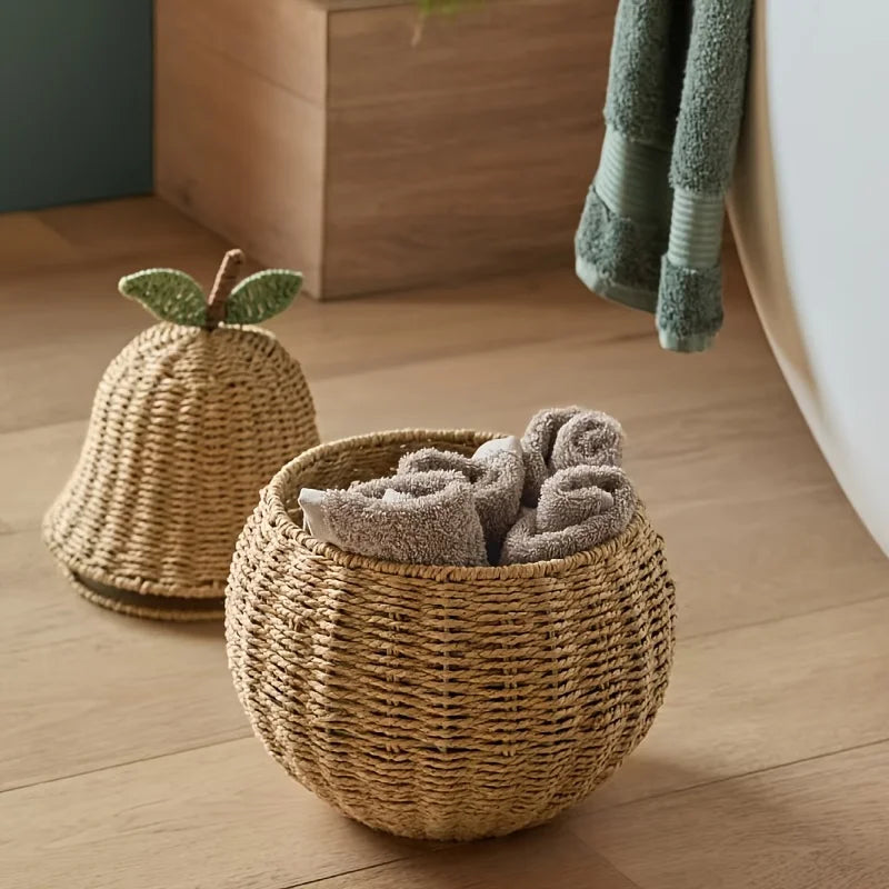 Cesta de armazenamento em forma de maçã e pêra, organizador de mesa de corda de papel tecido boho para decoração de casa, lixeira decorativa estilo frutas