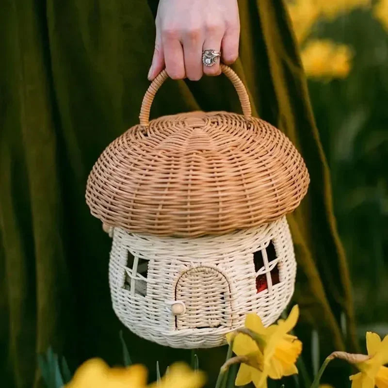 Cesta de cogumelo artesanal, cesta de vime, cesta de armazenamento de palha, cesta de piquenique de férias, brinquedo infantil, cesta de armazenamento de artigos diversos