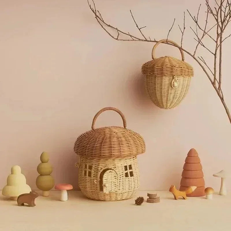 Cesta de cogumelo artesanal, cesta de vime, cesta de armazenamento de palha, cesta de piquenique de férias, brinquedo infantil, cesta de armazenamento de artigos diversos