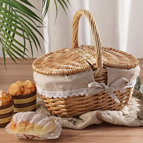 Cesta de piquenique de vime artesanal com alça cesto de piquenique multi-purpose salgueiro tecido caixa de armazenamento acampamento ao ar livre cesta de frutas