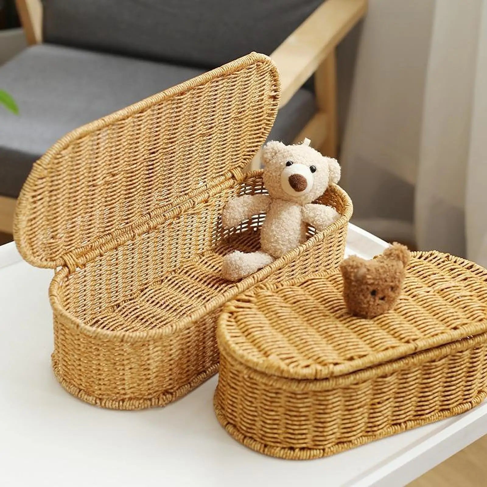 Cesta de Rattan Sintético Oval para Organização, Bandeja para Perfumes, Caixa de Armazenamento para Mesa de Centro, Bar, Cozinha, Banheiro, Decoração e Exibição