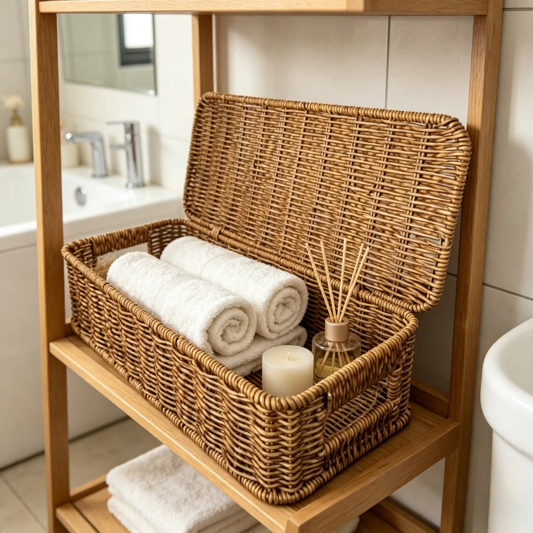 Cesta de Vinho Artesanal de Imitação de Rattan com Tampa, Caixa de Armazenamento Rústica Estilo Fazenda para Decoração de Casa, Hotel, Cozinha, Bar, Cesta de Presente para Vinho