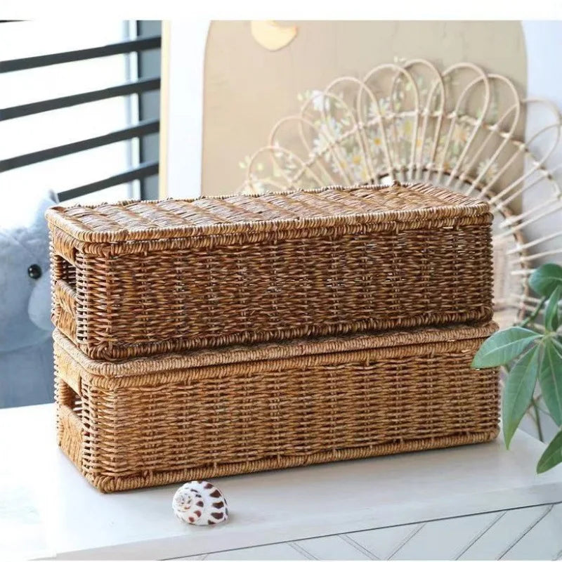 Cesta de Vinho Artesanal de Imitação de Rattan com Tampa, Caixa de Armazenamento Rústica Estilo Fazenda para Decoração de Casa, Hotel, Cozinha, Bar, Cesta de Presente para Vinho
