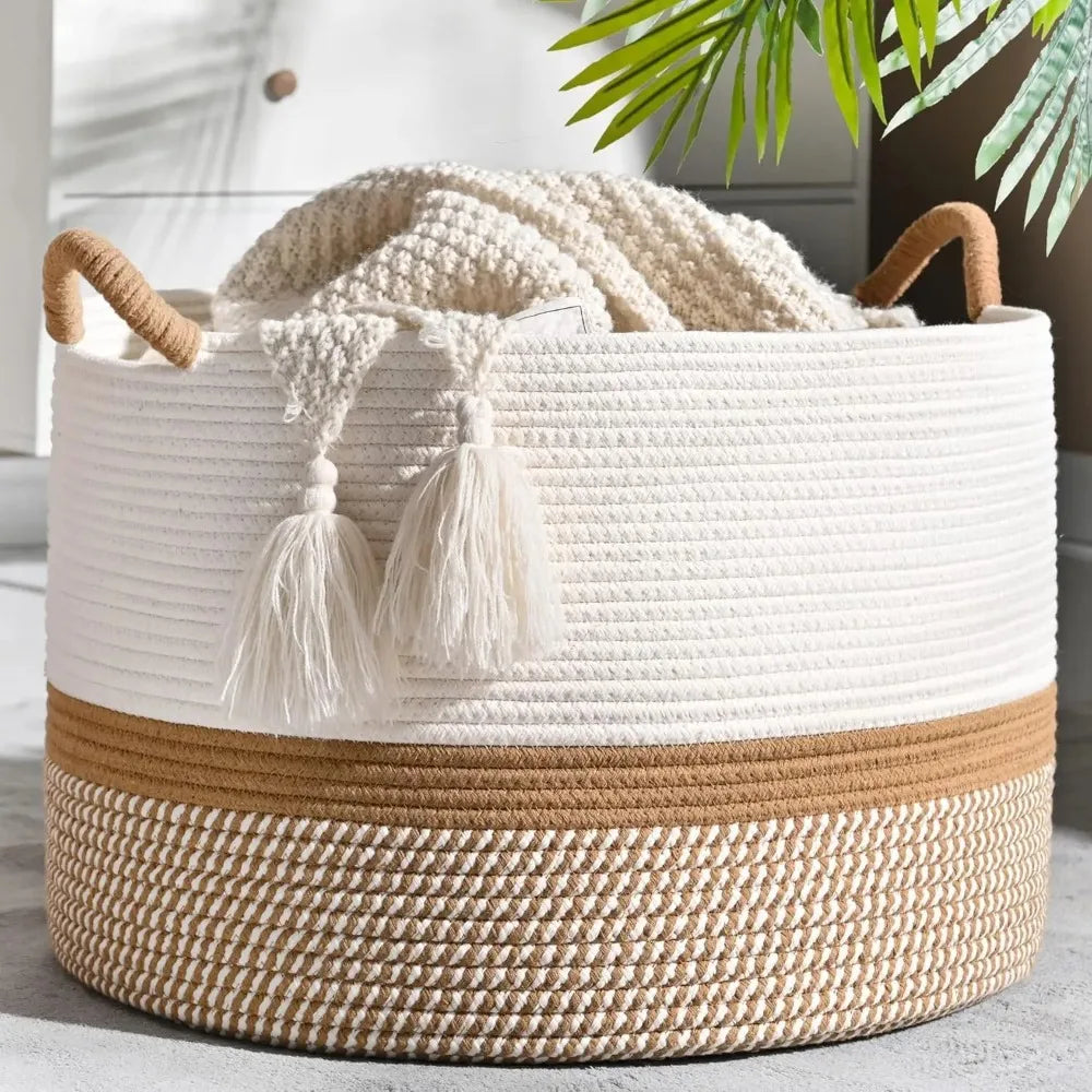 Cesta grande para cobertor, cestas tecidas para armazenamento, cesto para roupas de bebê, cesta de cobertor de corda de algodão para sala de estar, lavanderia