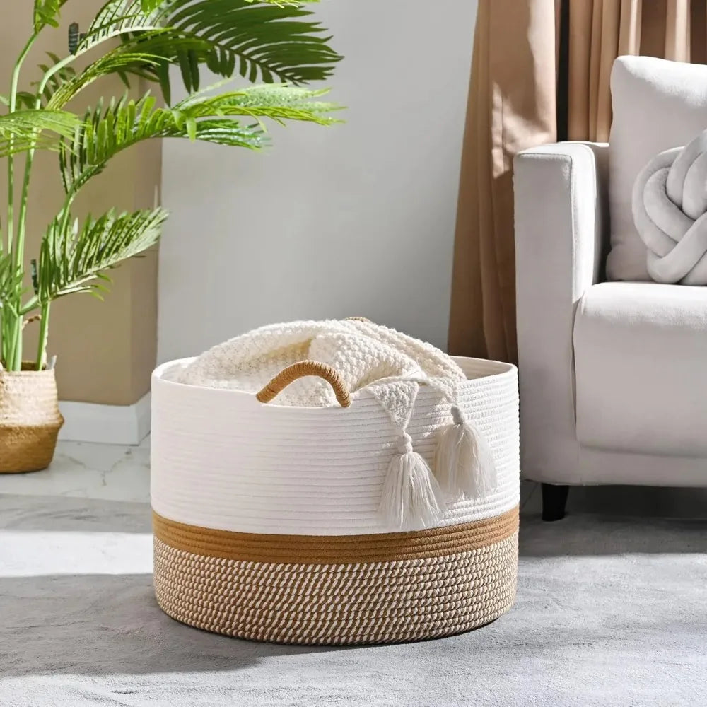 Cesta grande para cobertor, cestas tecidas para armazenamento, cesto para roupas de bebê, cesta de cobertor de corda de algodão para sala de estar, lavanderia