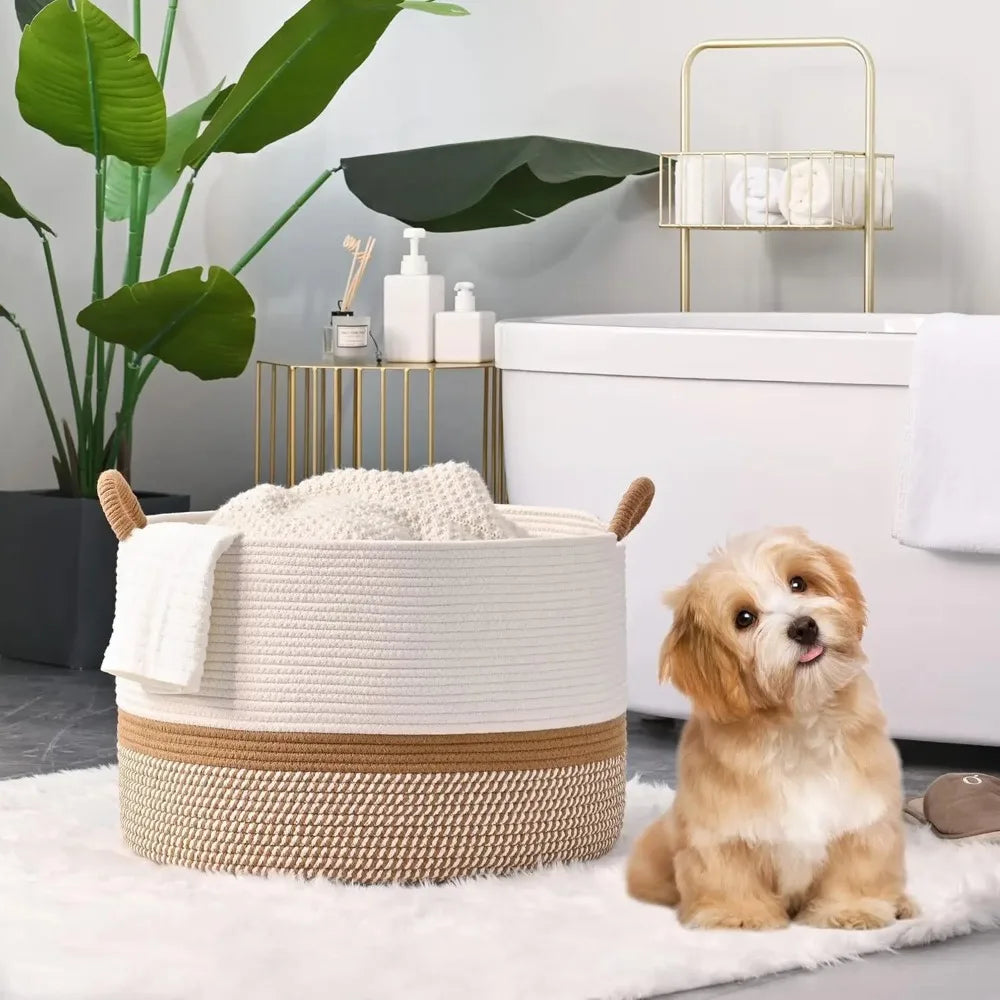 Cesta grande para cobertor, cestas tecidas para armazenamento, cesto para roupas de bebê, cesta de cobertor de corda de algodão para sala de estar, lavanderia